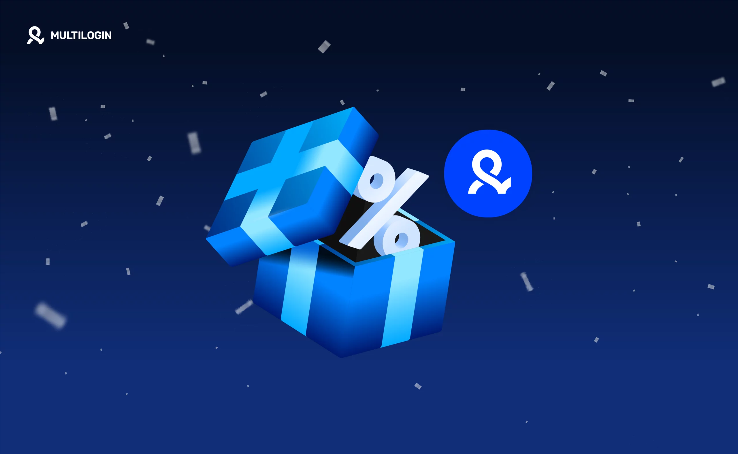 Caixa de presente azul aberta com símbolo de porcentagem, representando descontos e promoções de Black Friday.