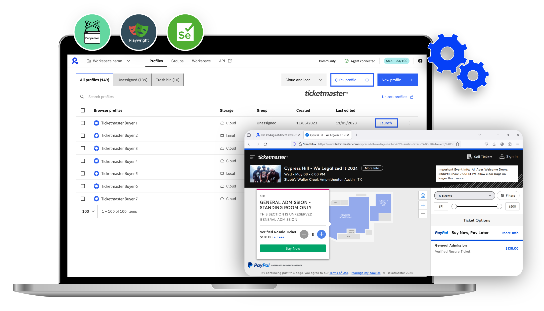 An illustration demonstrating how to automate ticket scalping, showing the use of tools and processes for bypassing security measures and increasing ticket purchasing efficiency.