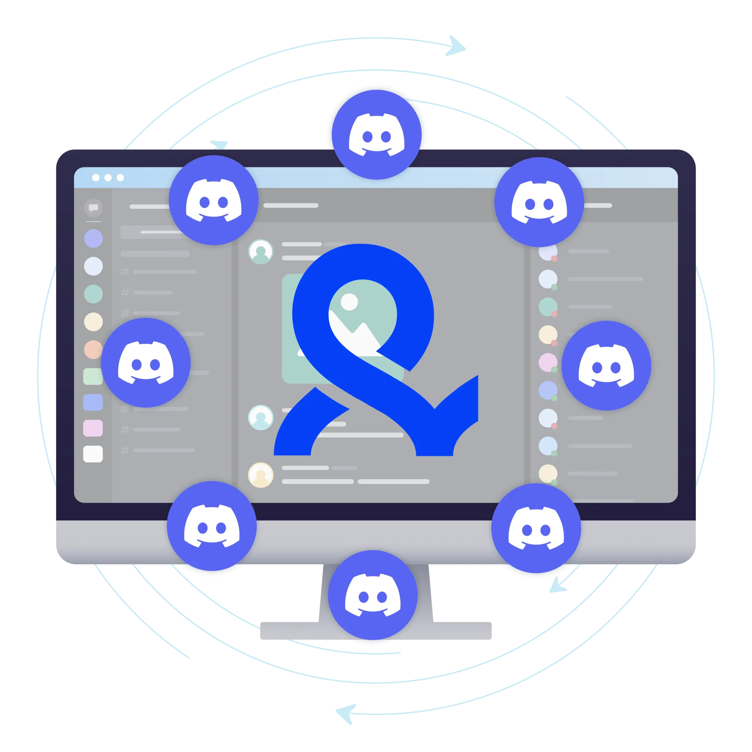 Illustration of managing multiple Discord accounts using Multilogin, featuring interconnected Discord icons around a dashboard.