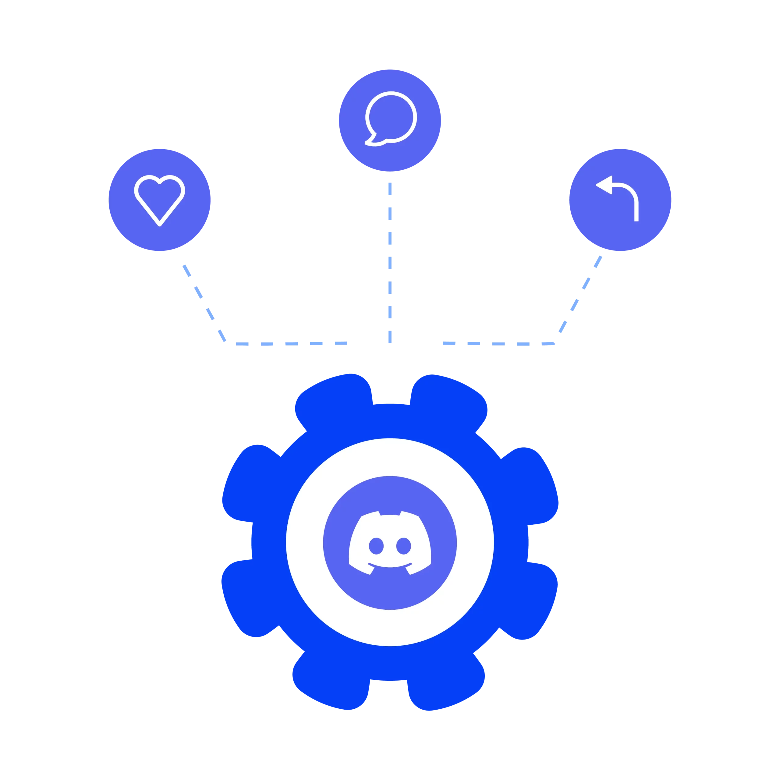 Multiple Discord accounts management illustrated with a gear icon, featuring engagement, messaging, and action symbols.