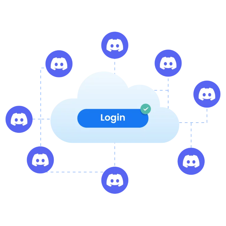 Multiple Discord accounts management visualized with a cloud login button, connected to various Discord icons, representing streamlined access.