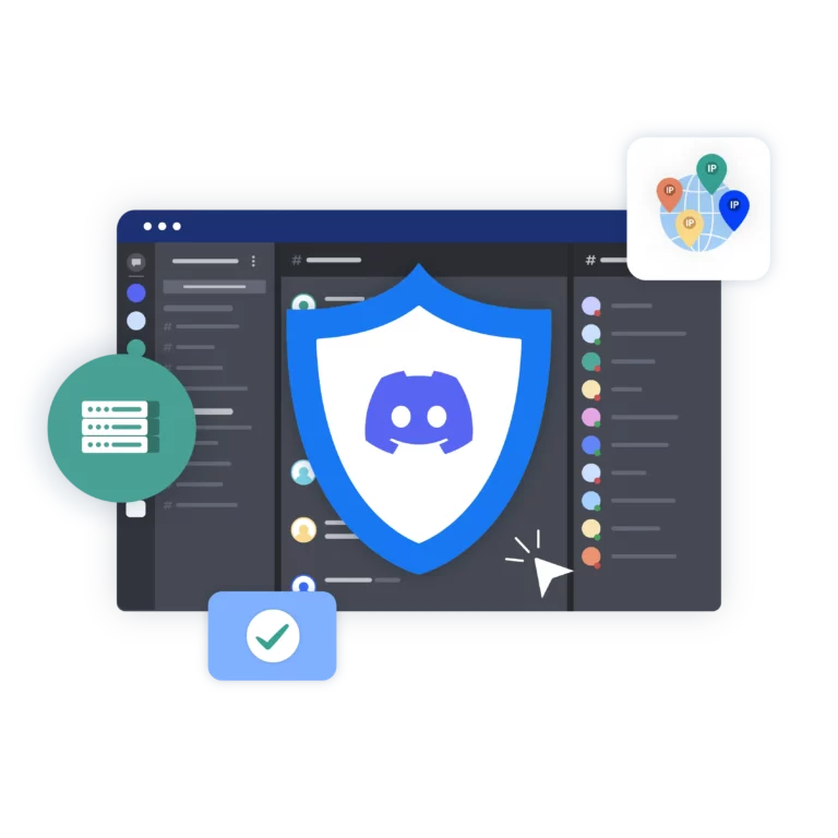 Multiple Discord accounts management shown with a shield icon for security, a server symbol, and IP geolocation markers, emphasizing privacy and protection.