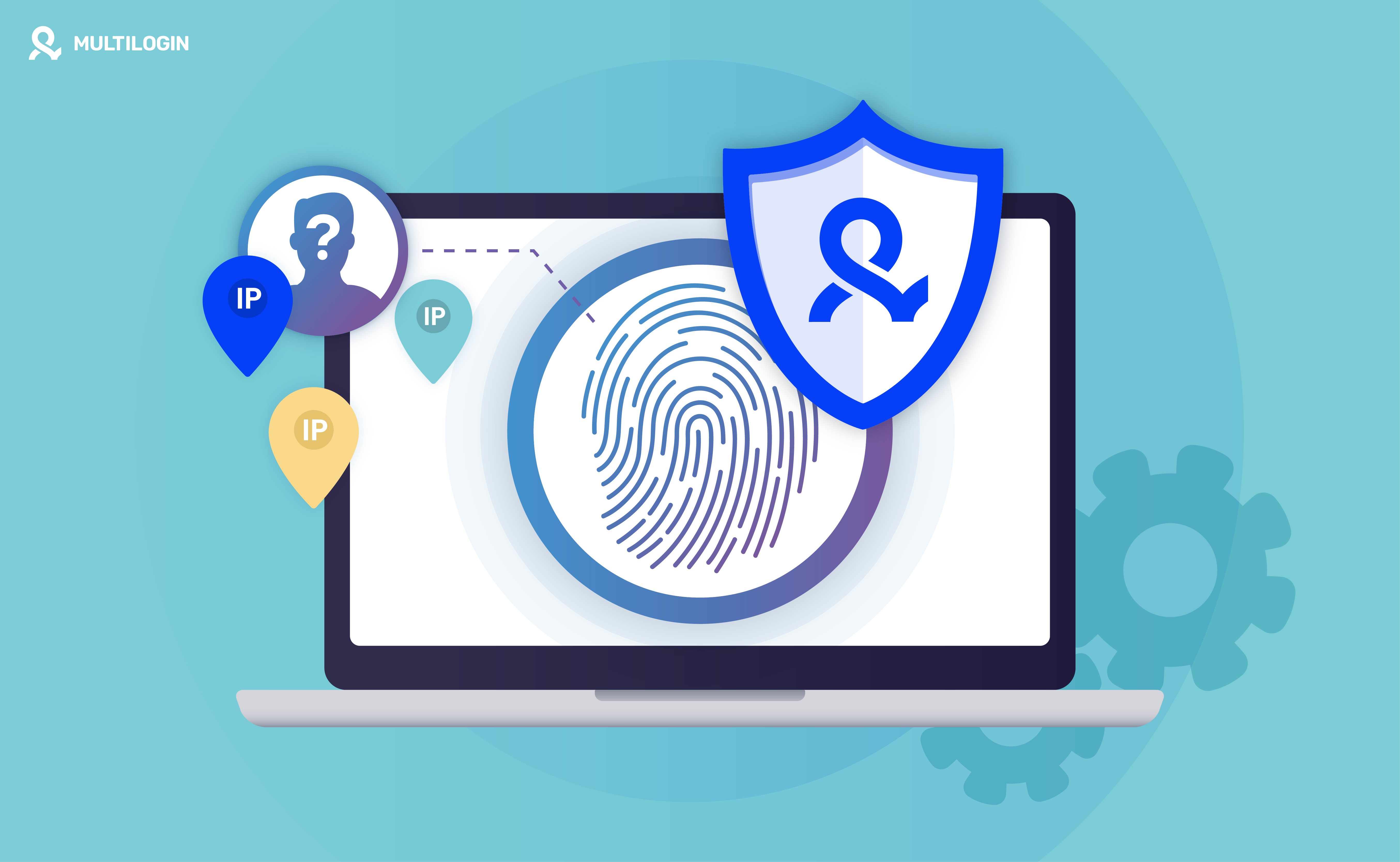 Ilustração de um notebook exibindo uma impressão digital na tela, simbolizando o fingerprint do navegador, com ícones de IP e um escudo de proteção representando segurança e anonimato online.