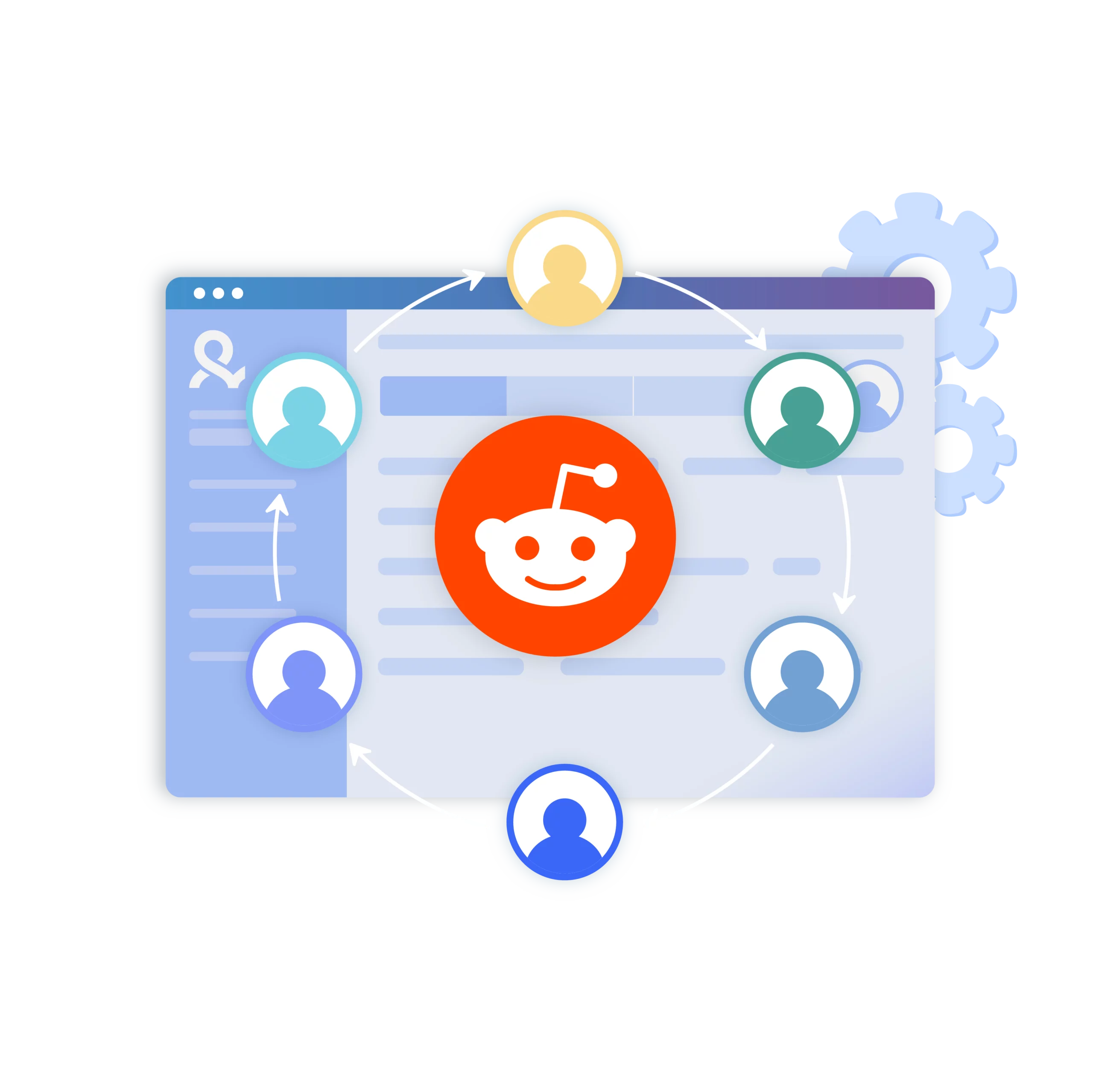 Illustration of teamwork managing Reddit accounts securely with Multilogin, enabling collaboration and account isolation.