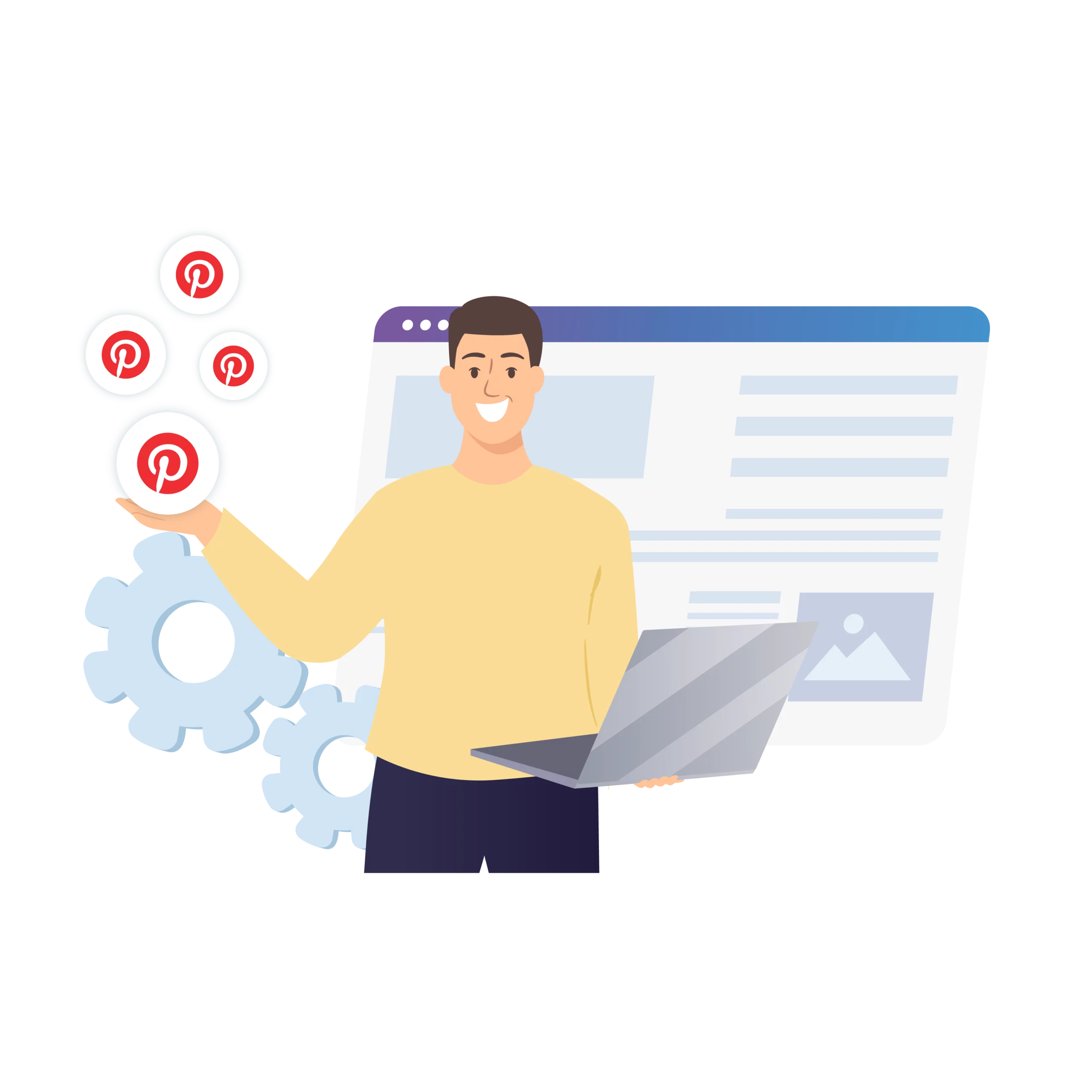 An illustration of a man managing multiple Pinterest accounts with Multilogin, ensuring no bans or restrictions.