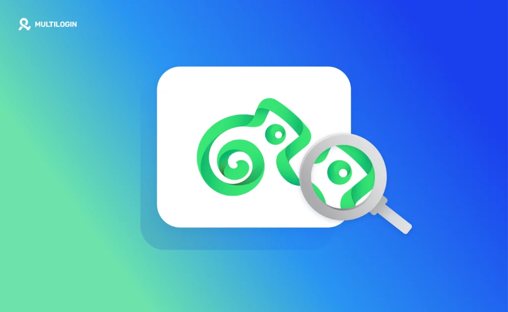 Kameleo antidetect browser logo with magnifying glass illustration on a blue-green gradient background