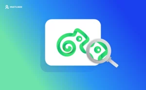 Kameleo antidetect browser logo with magnifying glass illustration on a blue-green gradient background