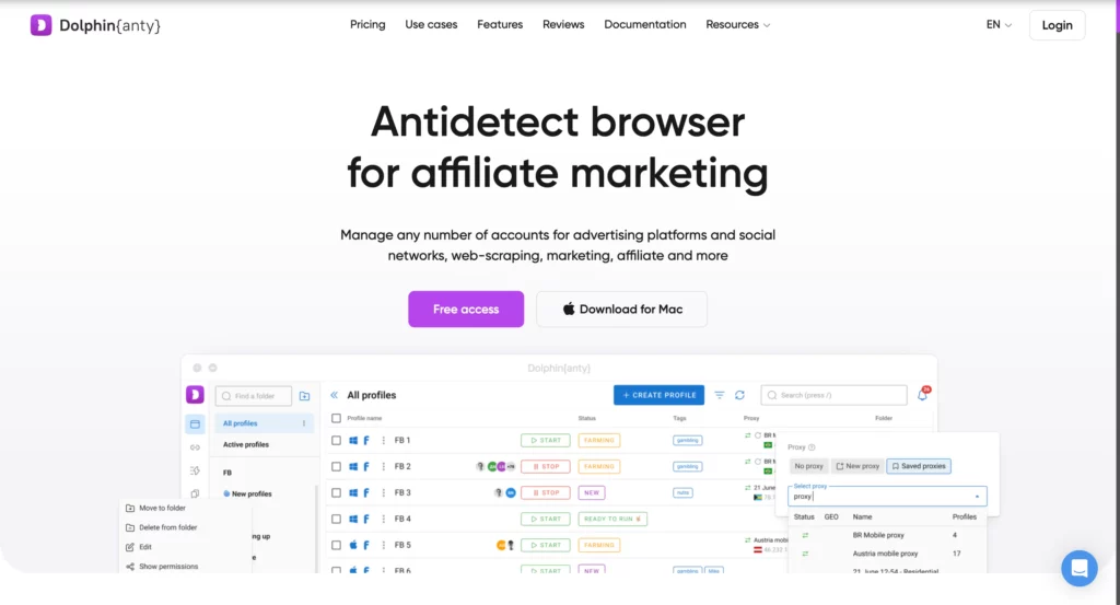 Dolphin Anty platform for affiliate marketers with task automation and multi-profile tools