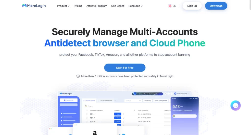 MoreLogin browser interface featuring basic automation tools and affordable multi-account setup