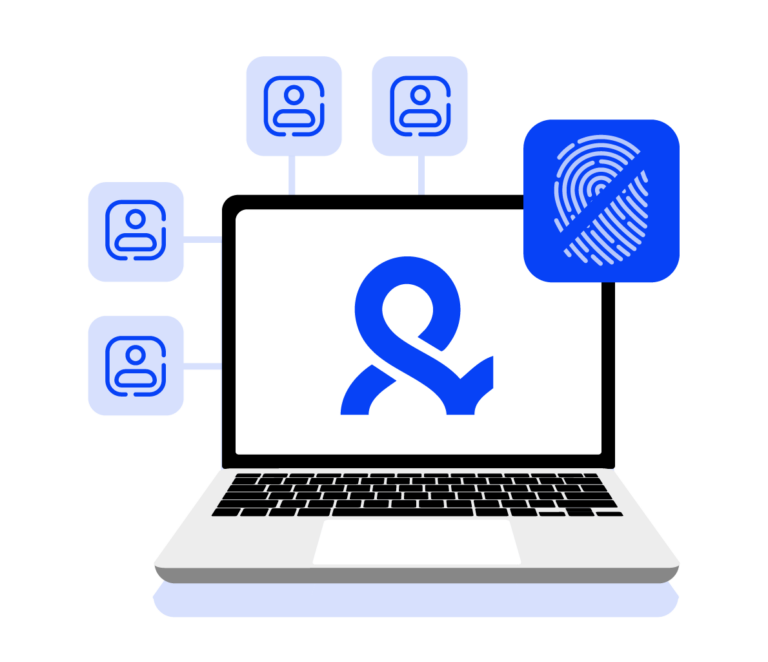 Laptop screen displaying a fingerprint icon and the Multilogin logo, representing secure identity management with an anti-fingerprint browser.
