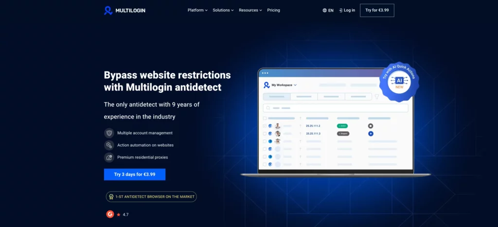 Multilogin browser interface showcasing multiple isolated profiles for secure multi-account management