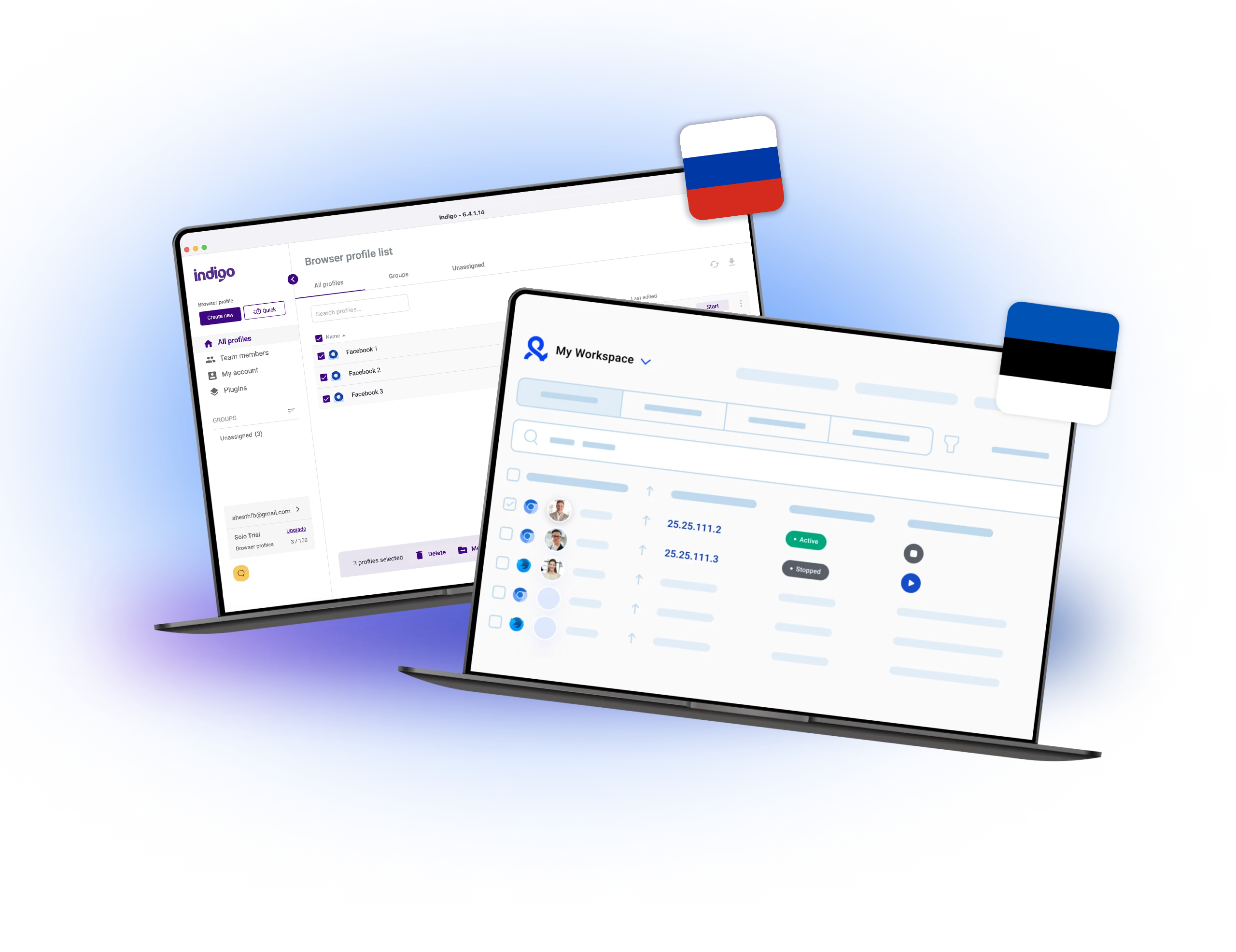 An illustration of Indigo interface and Multilogin's interface with flags