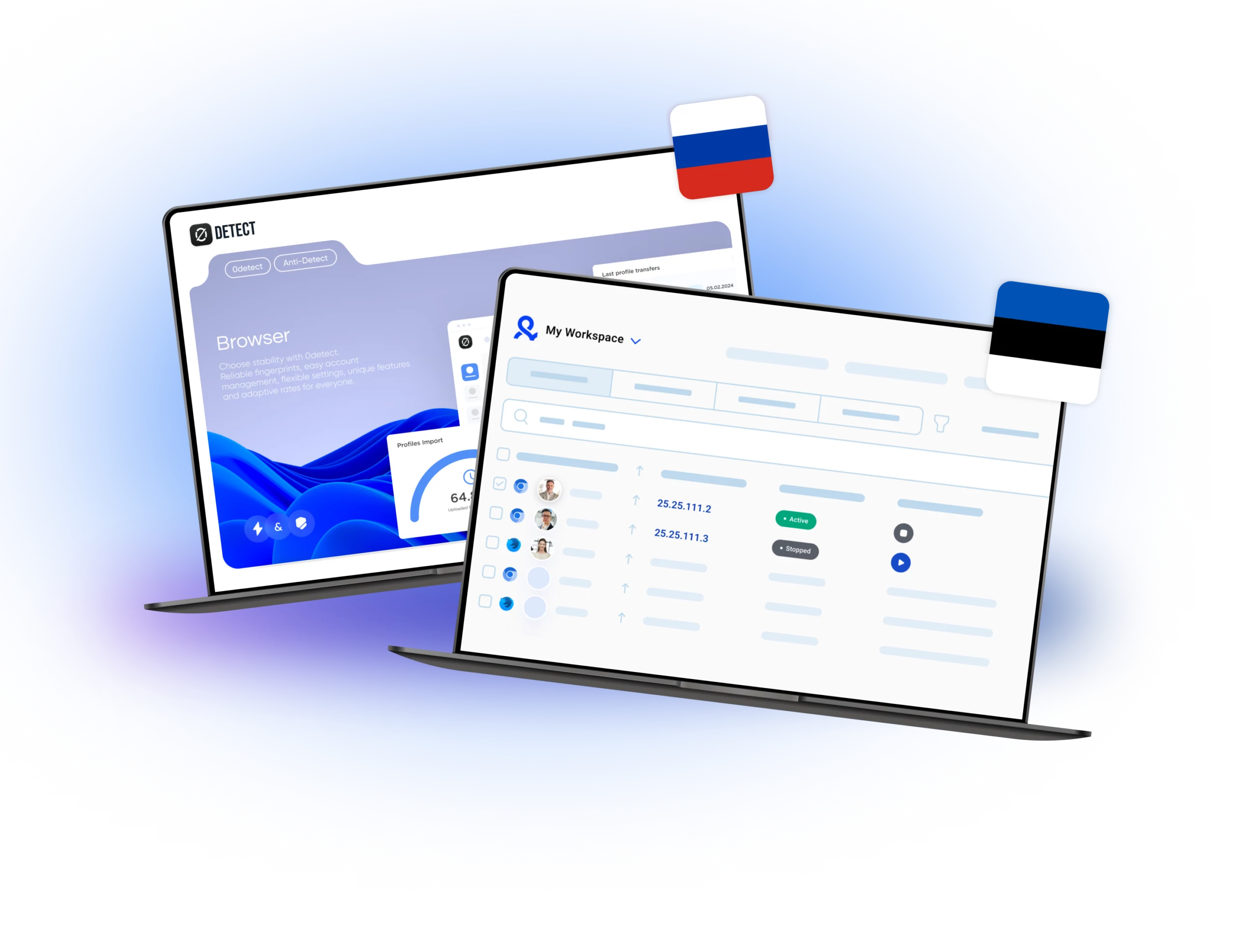 Two laptops display the AQUA Browser interface with workspace and browser features, accompanied by Russian and Estonian flags indicating regional settings or usage.