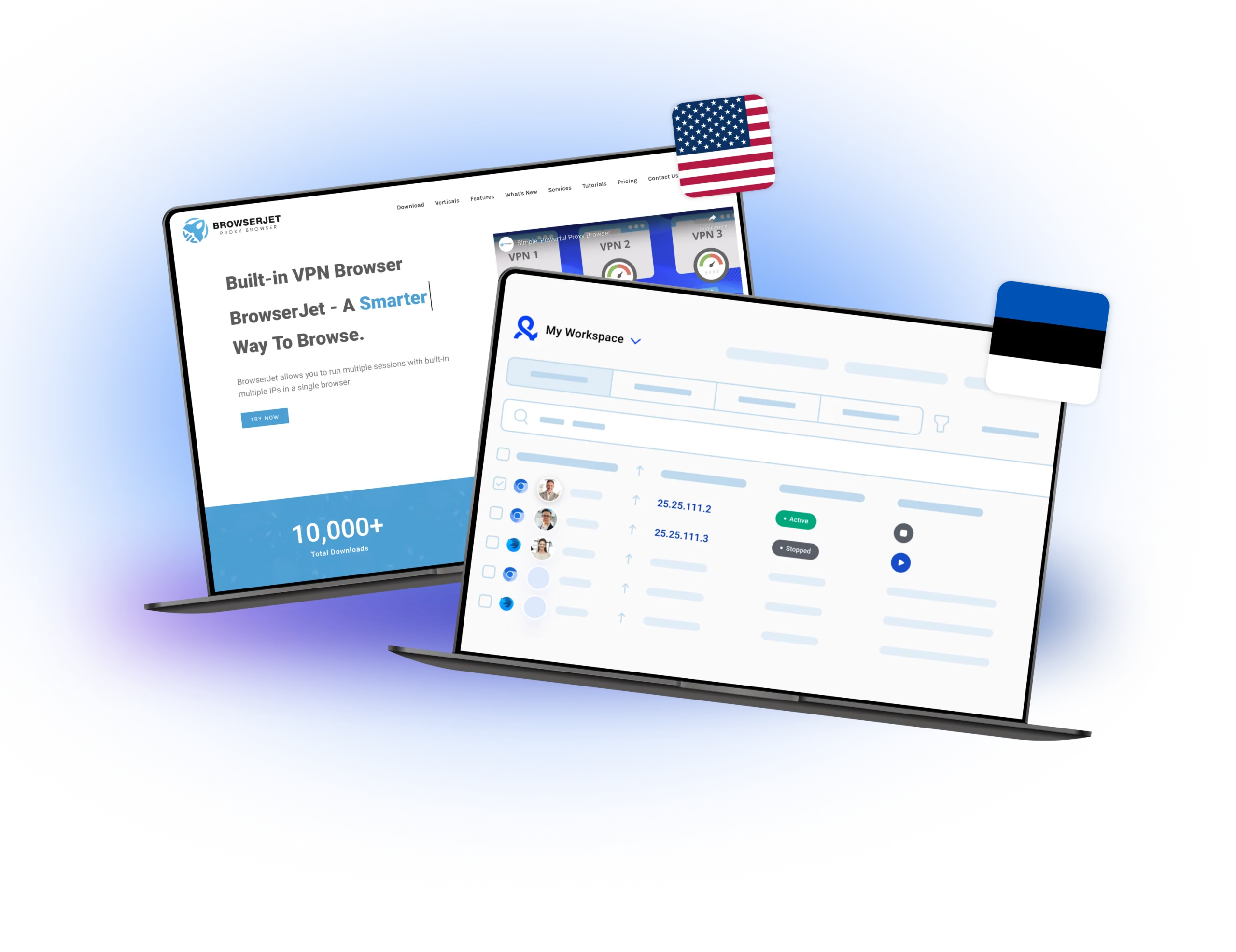 Two laptops displaying BrowserJet's homepage and workspace interface with US and Estonian flags, symbolizing global multi-account management.