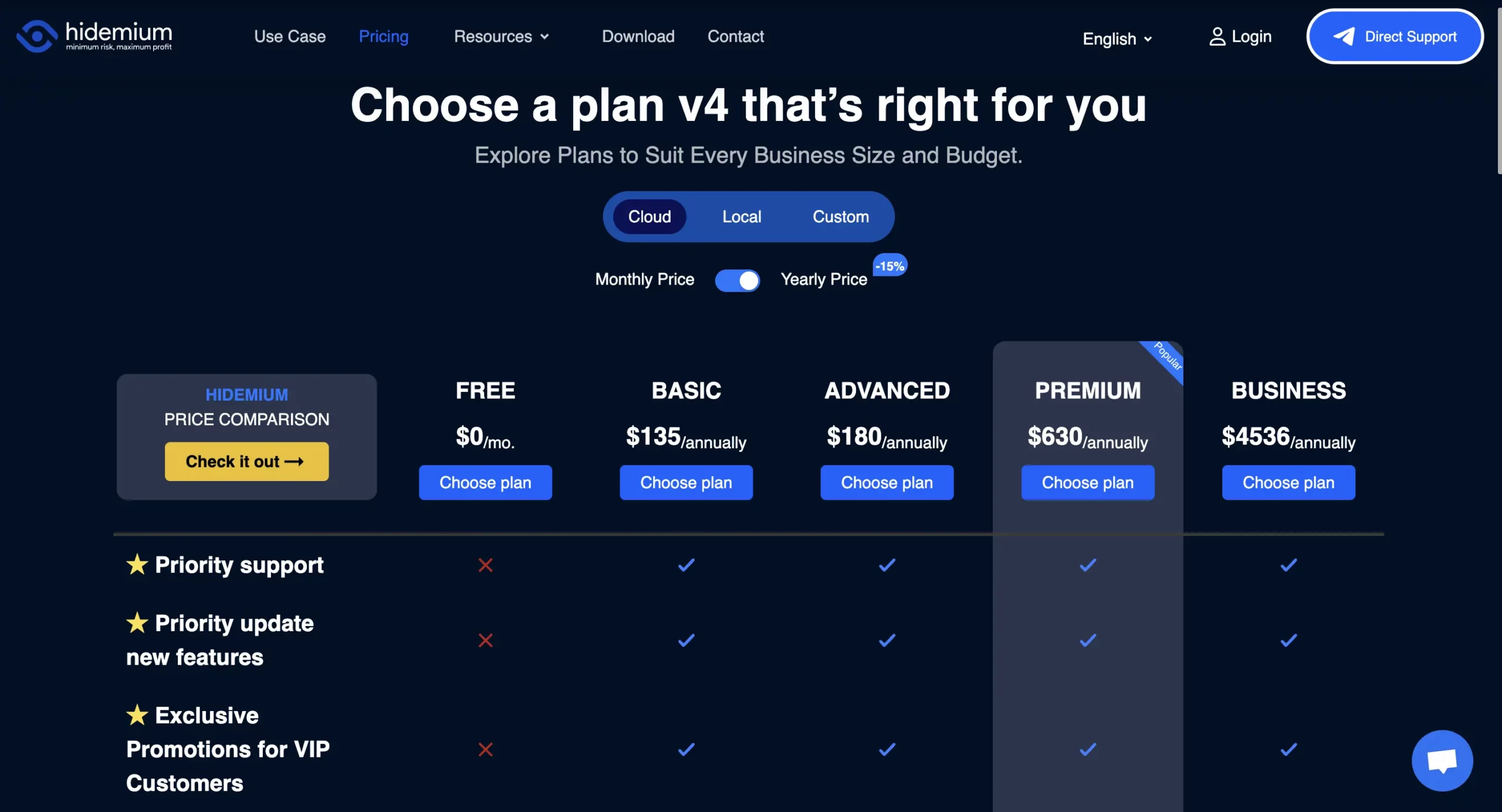 Hidemium pricing page