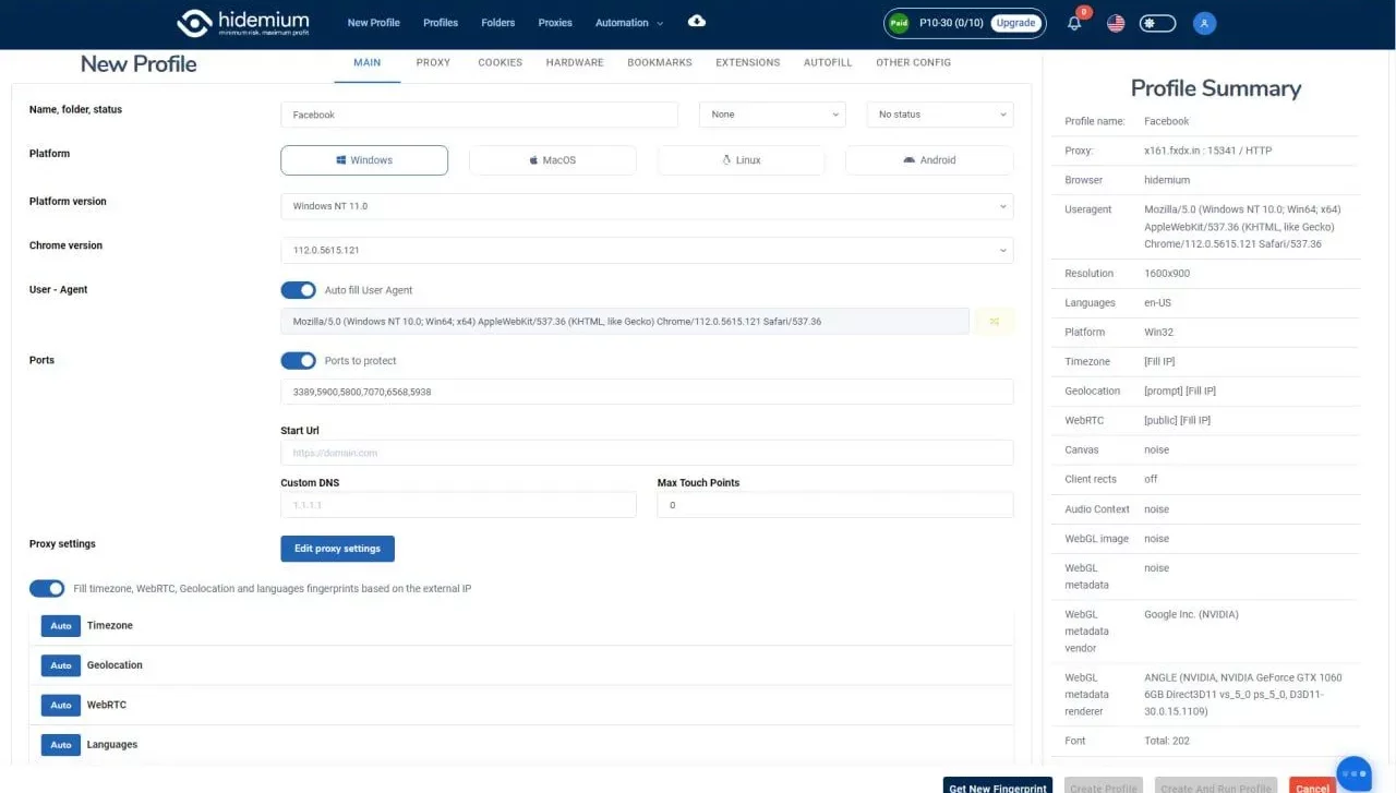 Hidemium setting uo profiles