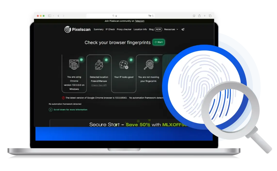 pixlscan interface with digital fingerprint icon