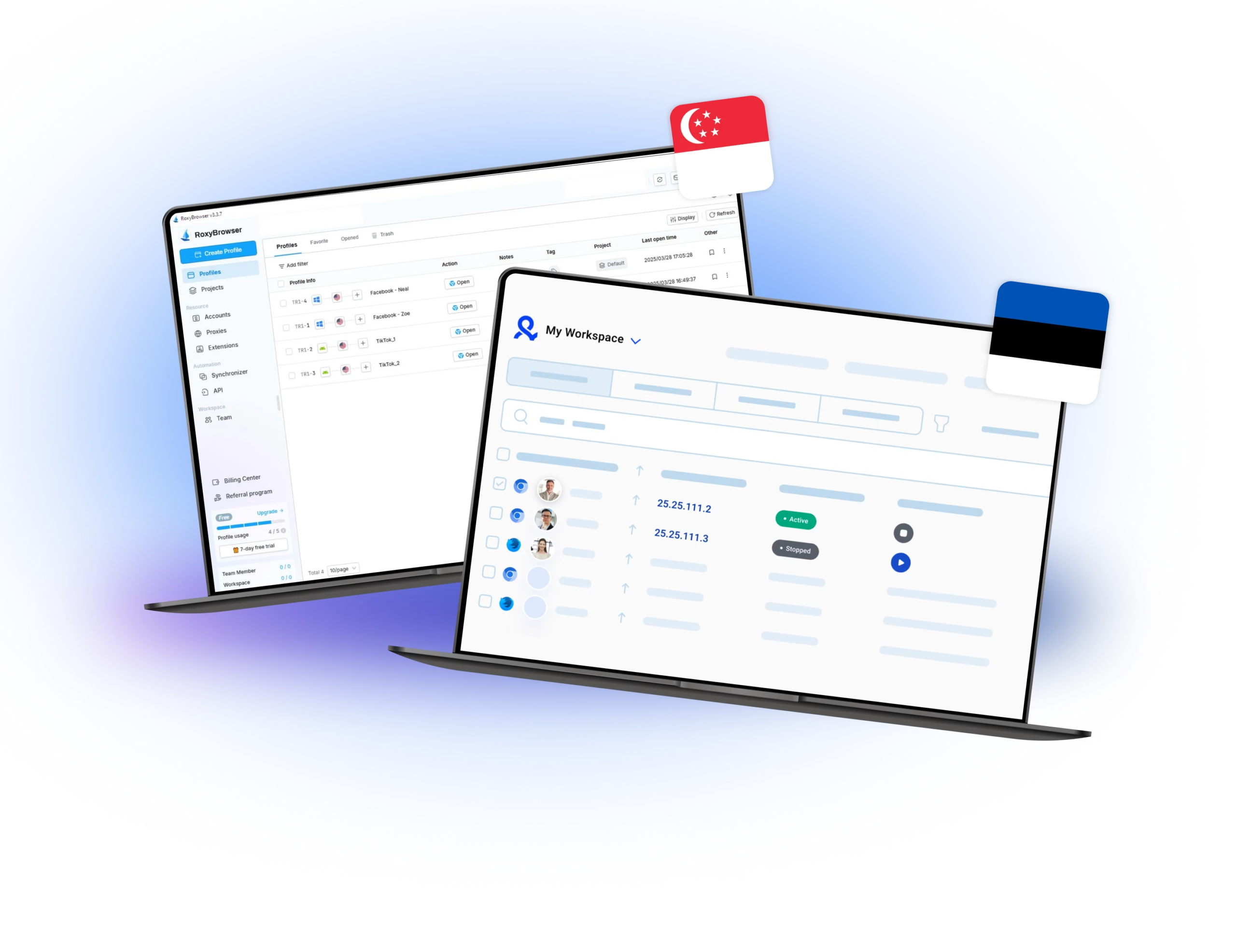 RoxyBrowser and Multilogin dashboards, featuring the Chinese and Estonian flags, highlighting their profile management systems and workspace functionalities designed for efficient multi-account handling.