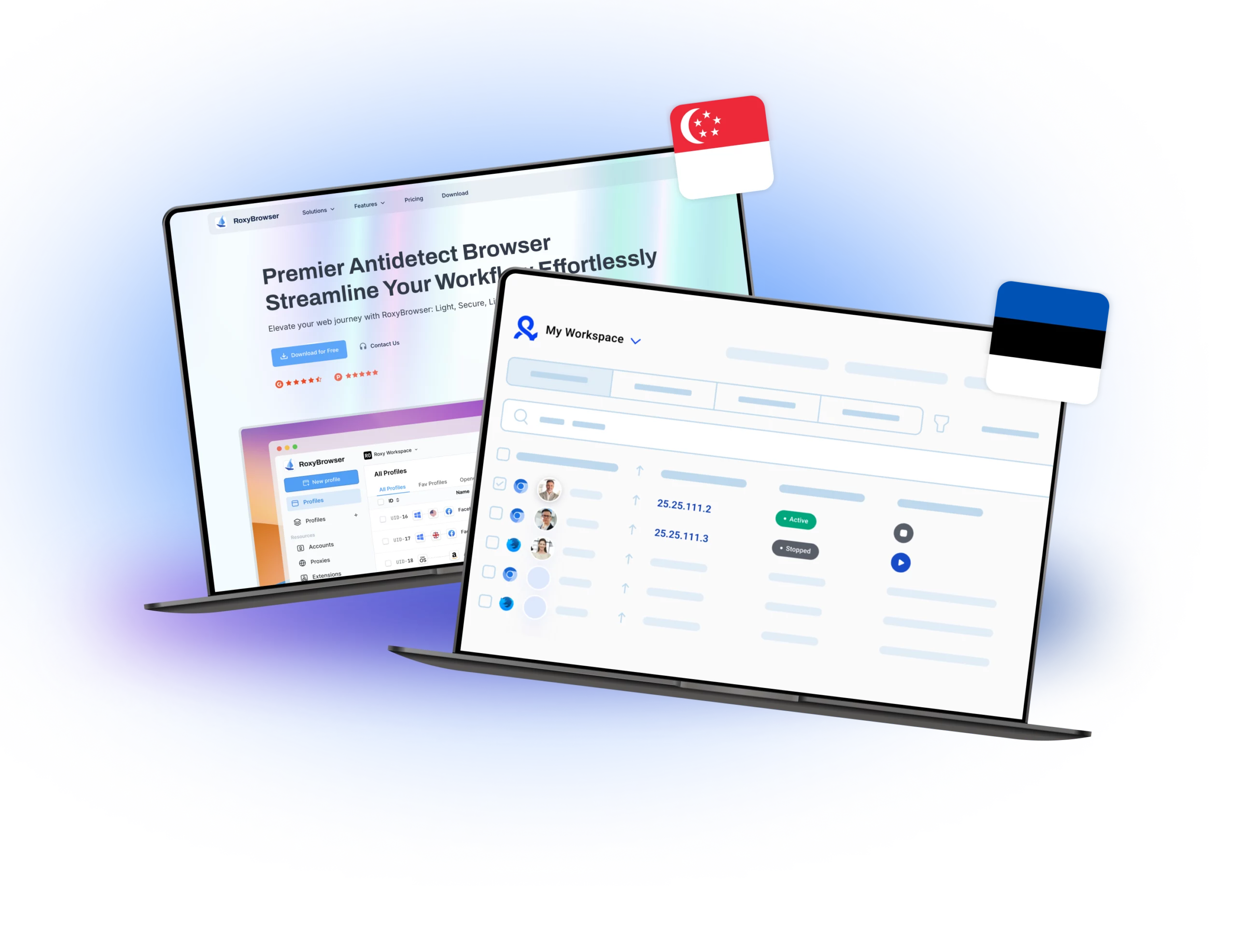 RoxyBrowser and Multilogin dashboards, featuring the Chinese and Estonian flags, highlighting their profile management systems and workspace functionalities designed for efficient multi-account handling.