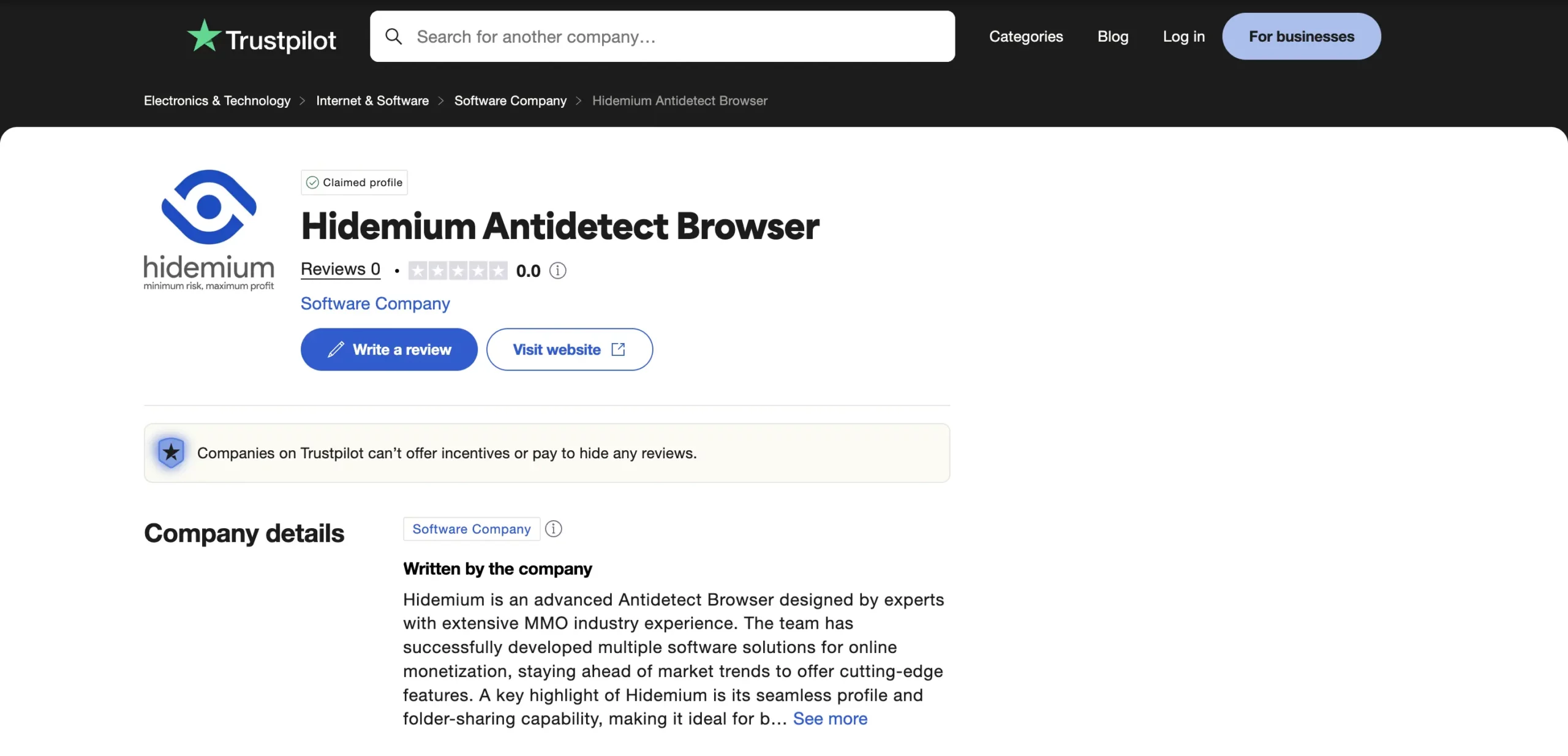 Hidemium's Trustpilot page with 0 customer reviews