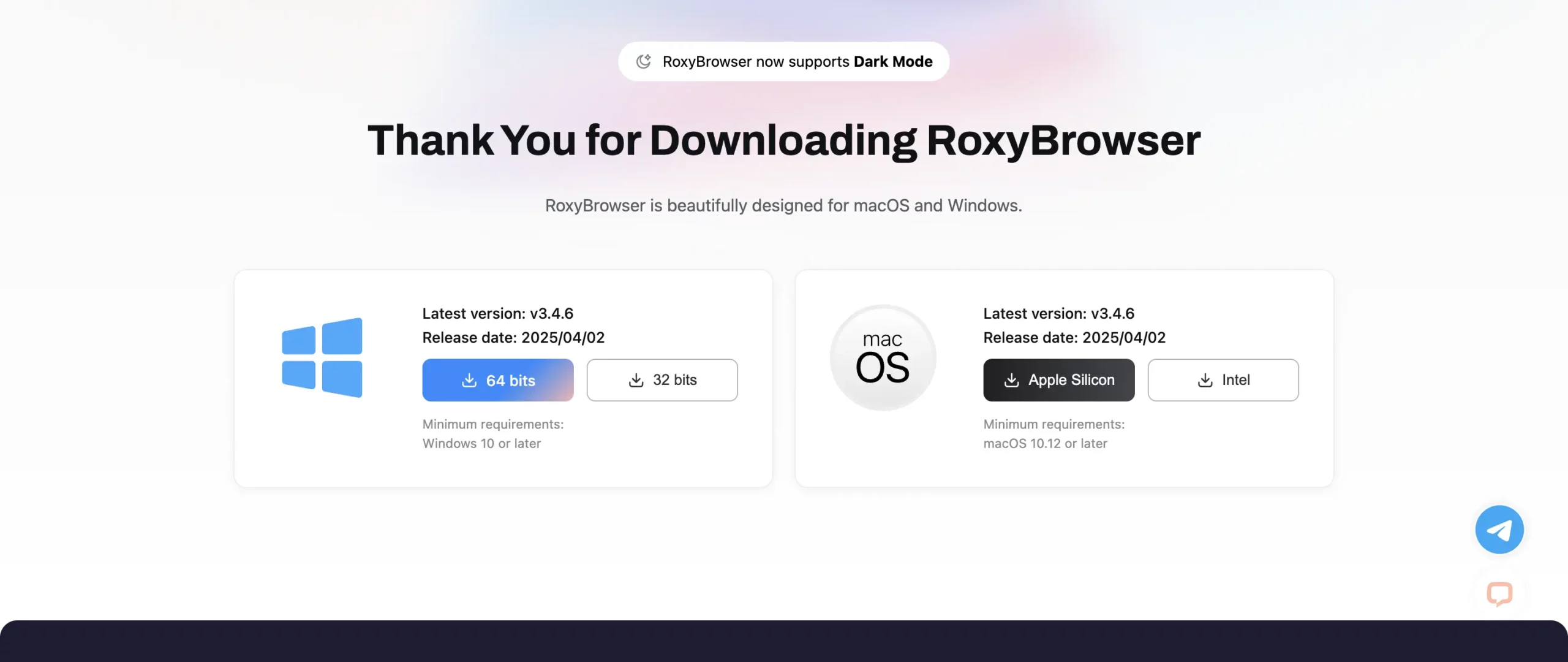 Operating system support list for RoxyBrowser.