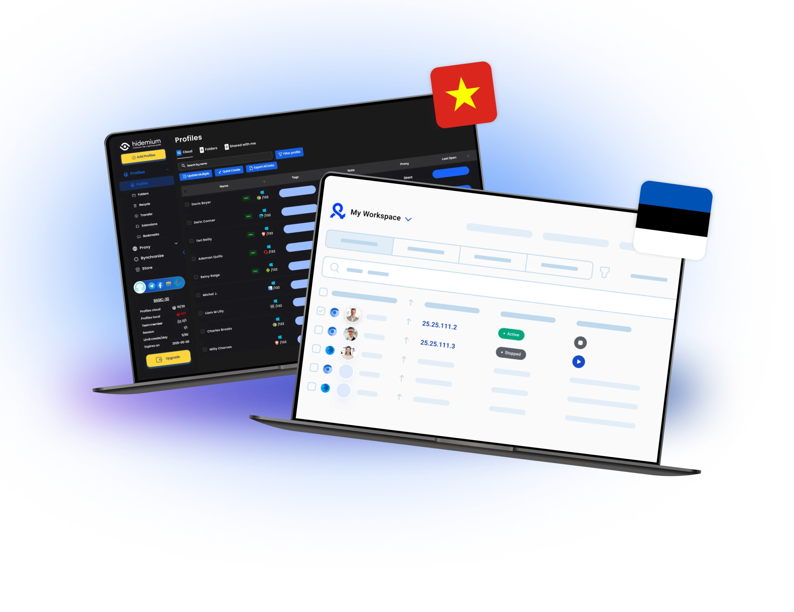 Hidemium and Multilogin dashboards, featuring the Vietnamese and Estonian flags, highlighting their profile management systems and workspace functionalities designed for efficient multi-account handling.