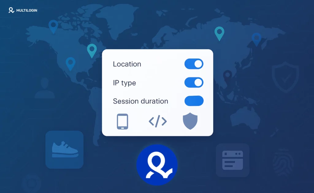 Dashboard visual showing how residential proxies work with global IP locations and use-case icons.