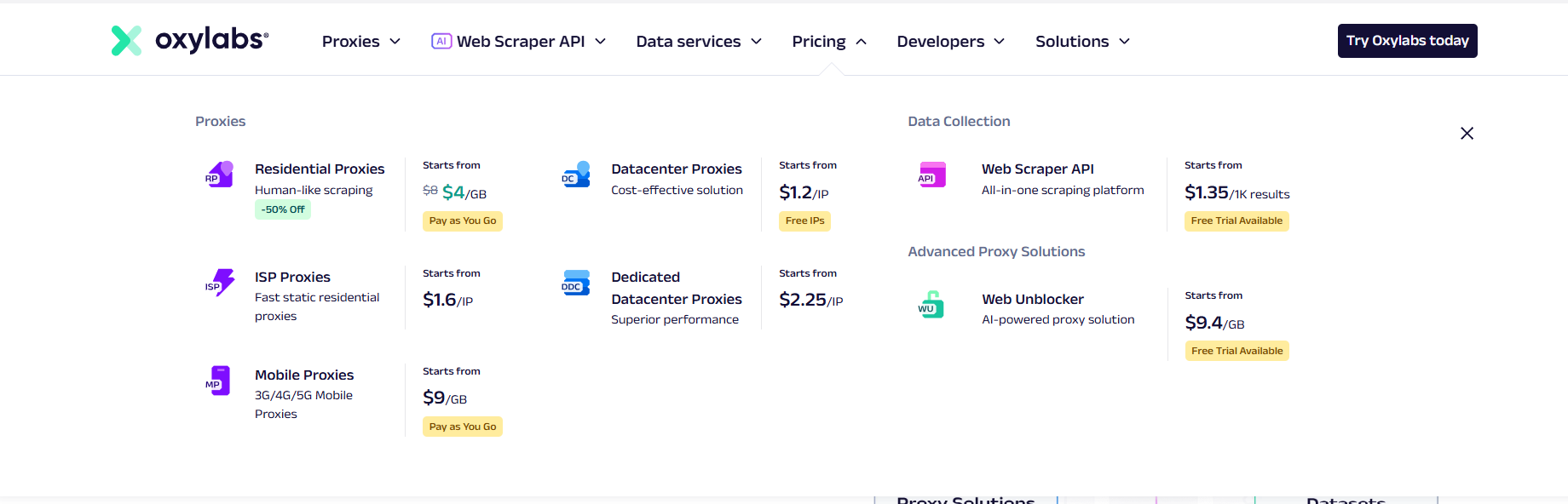 oxylabs pricing screenshot