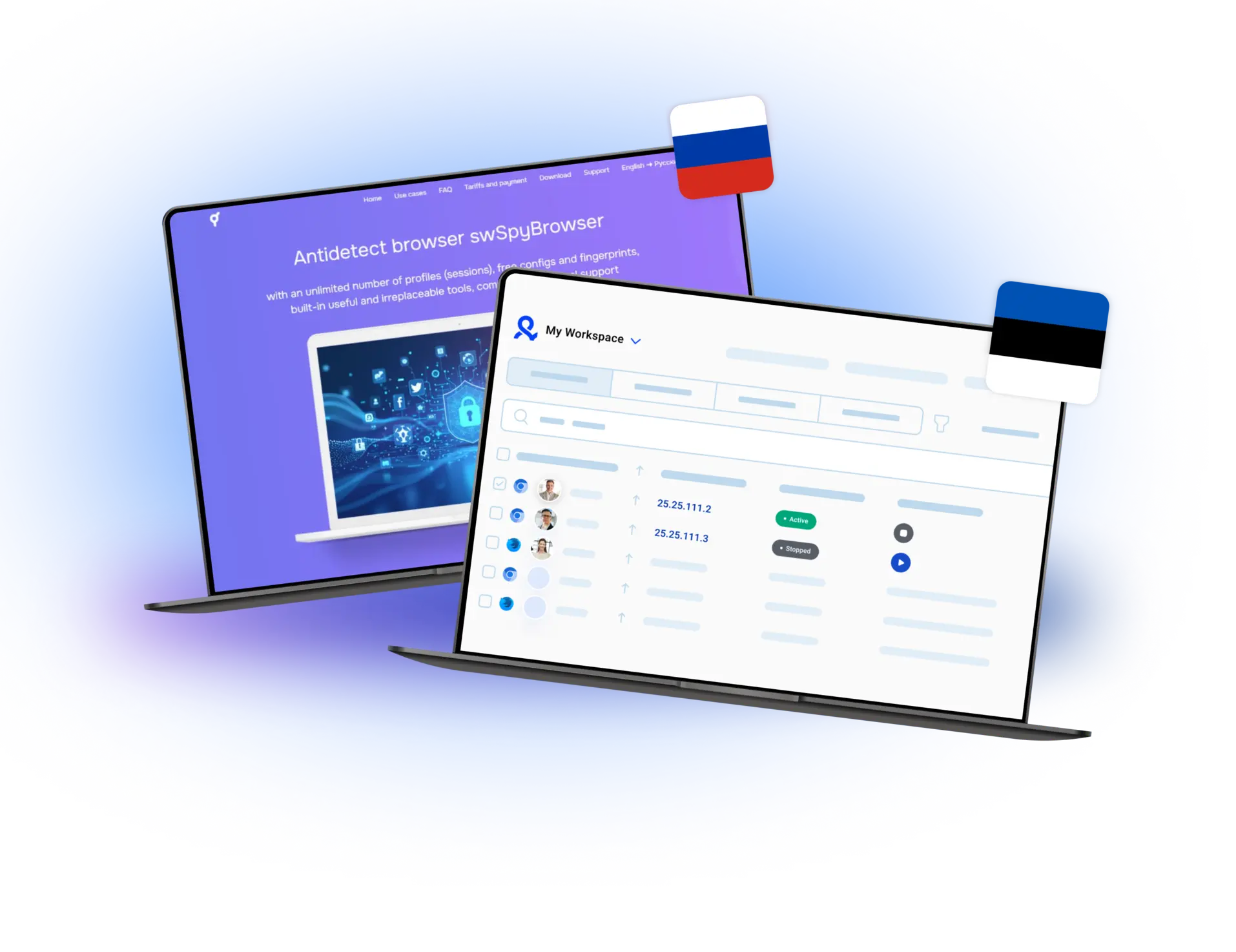 Two laptops displaying Multilogin and swSpyBrowser interfaces side by side, with Russian and Estonian flags representing their origins.