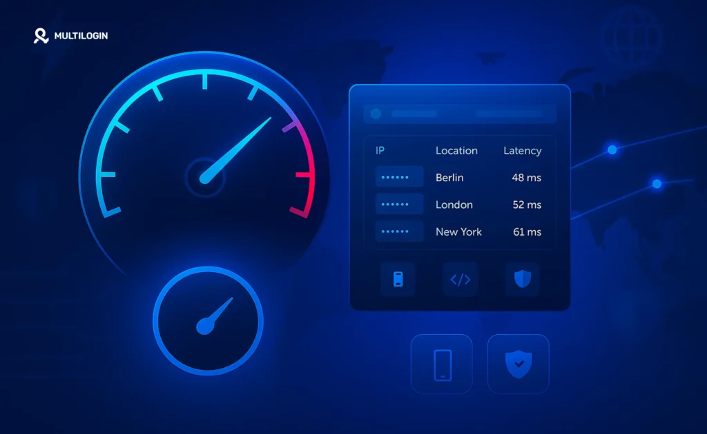 Visual showing fast residential proxy performance with speed gauges, global IP routes, and proxy session dashboard UI.