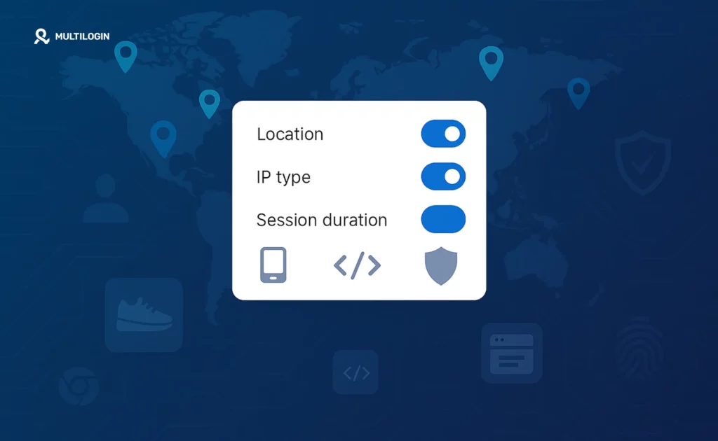 Dashboard visual showing how residential proxies work with global IP locations and use-case icons.