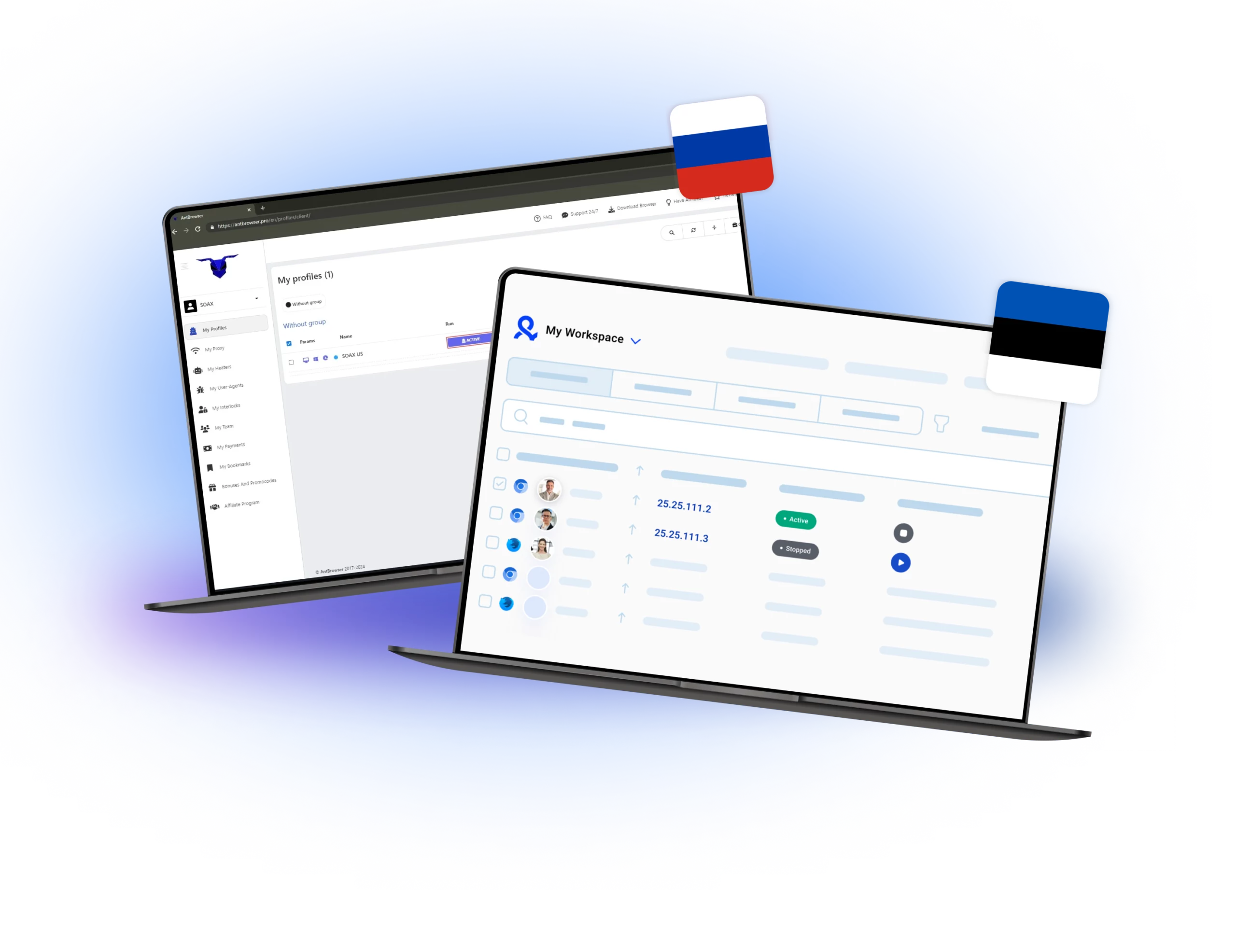 AntBrowser and Multilogin dashboards, featuring the Russian and Estonian flags, highlighting their profile management systems and workspace functionalities designed for efficient multi-account handling.