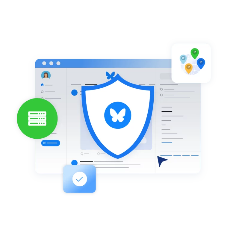 Secure Bluesky dashboard with shield icon and IP protection for multiple Bluesky accounts.