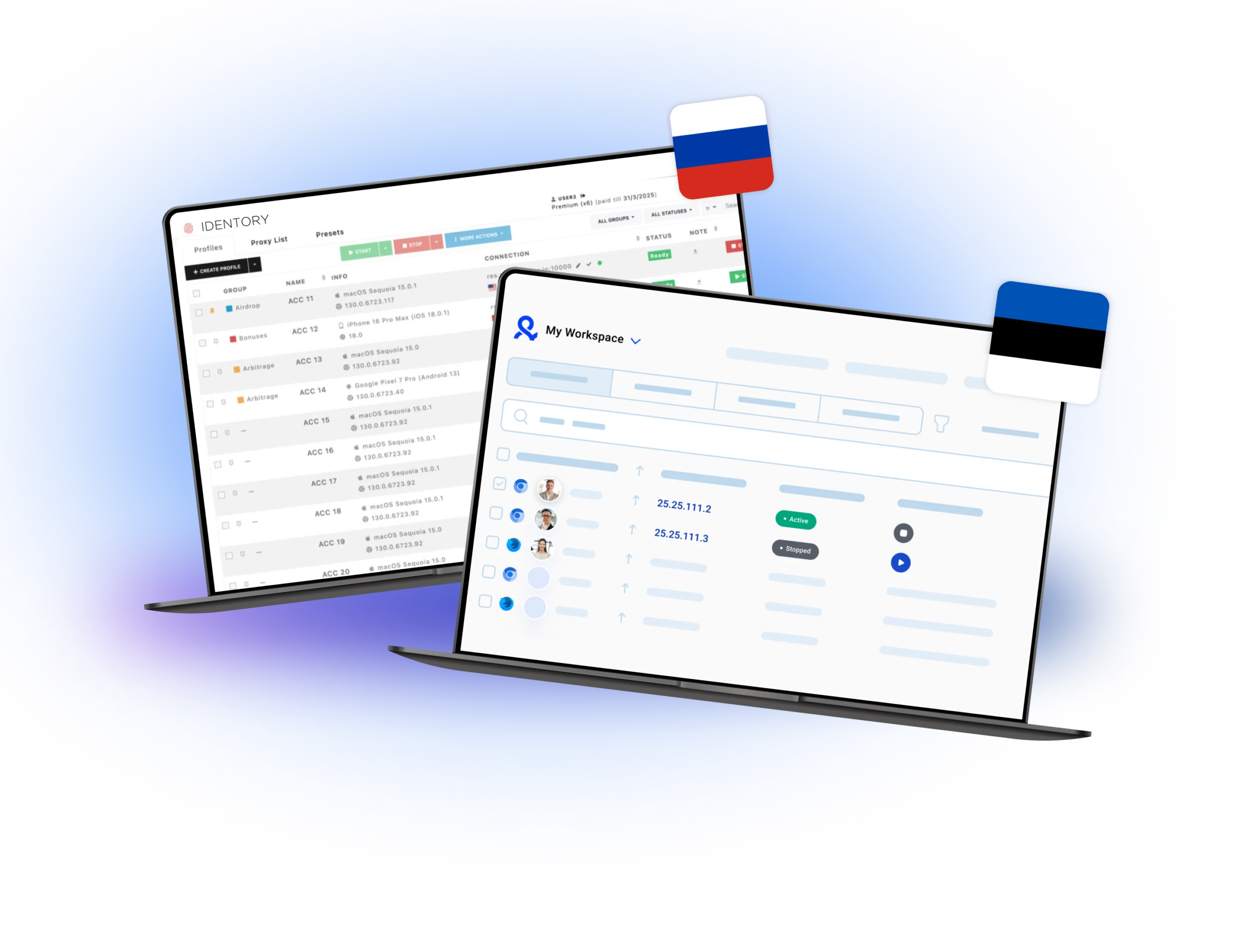 Identory and Multilogin dashboards, featuring the Russian and Estonian flags, highlighting their profile management systems and workspace functionalities designed for efficient multi-account handling.