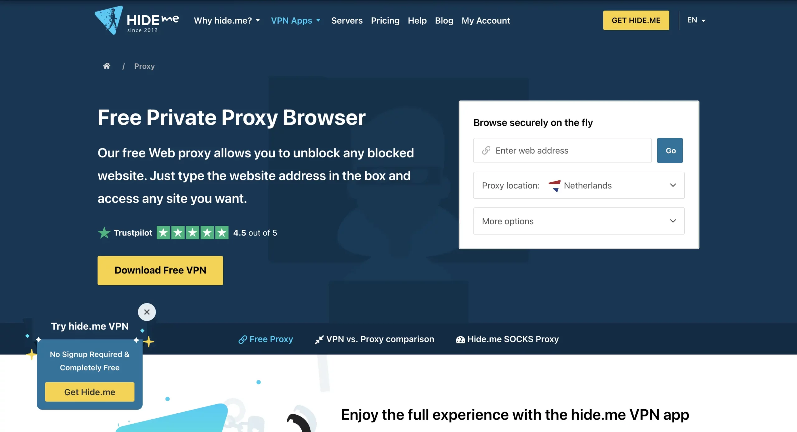 Hide.me proxy provider homepage