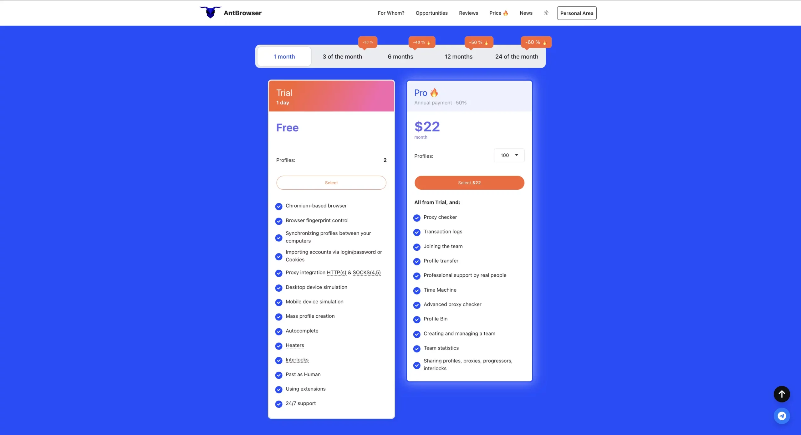 Antbrowser pricing page