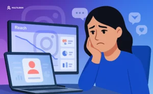 Shadowban Instagram: Ilustração de uma mulher olhando preocupada para um laptop que exibe gráficos de alcance e engajamento em queda no Instagram.