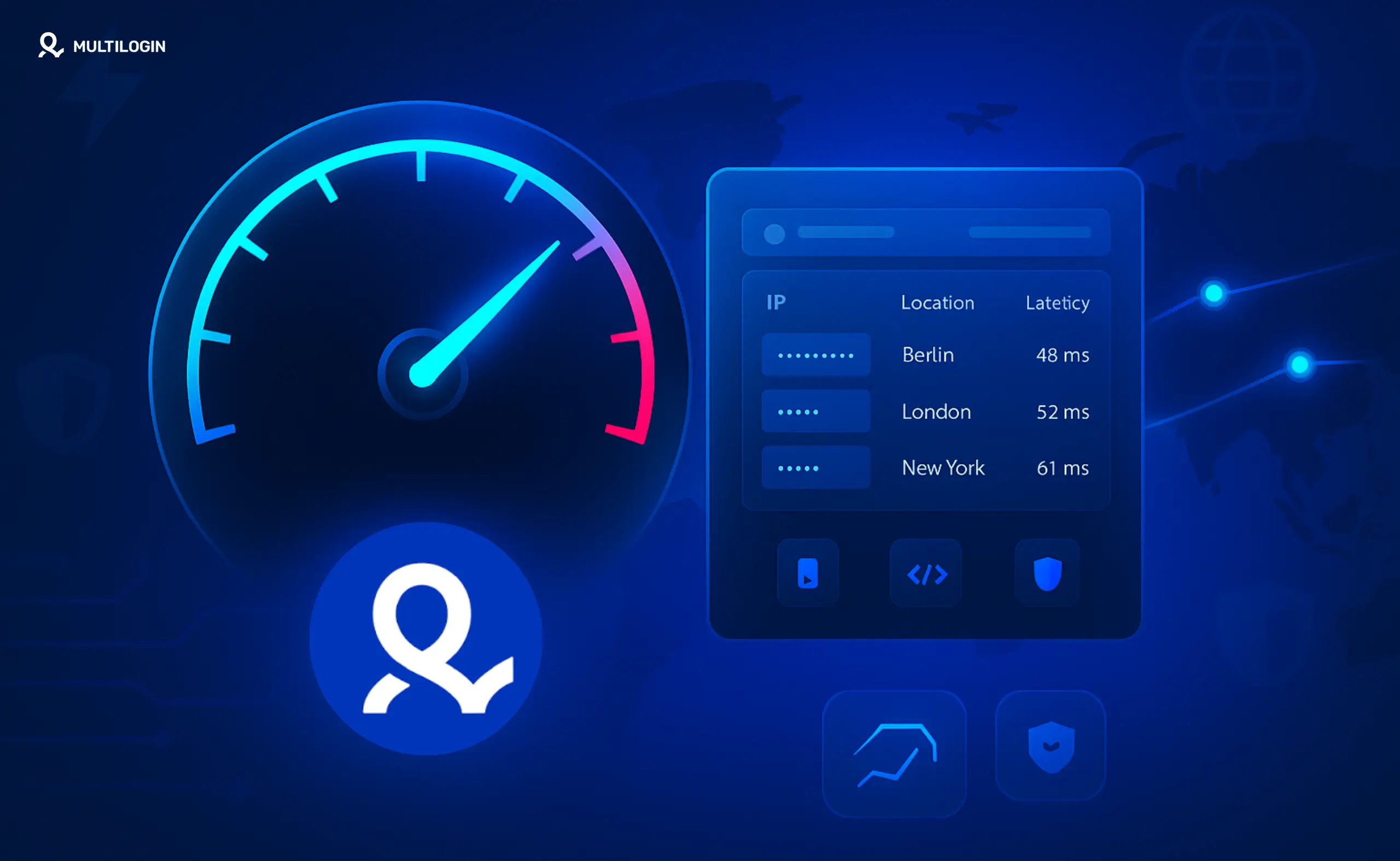 Visual showing fast residential proxy performance with speed gauges, global IP routes, and proxy session dashboard UI.