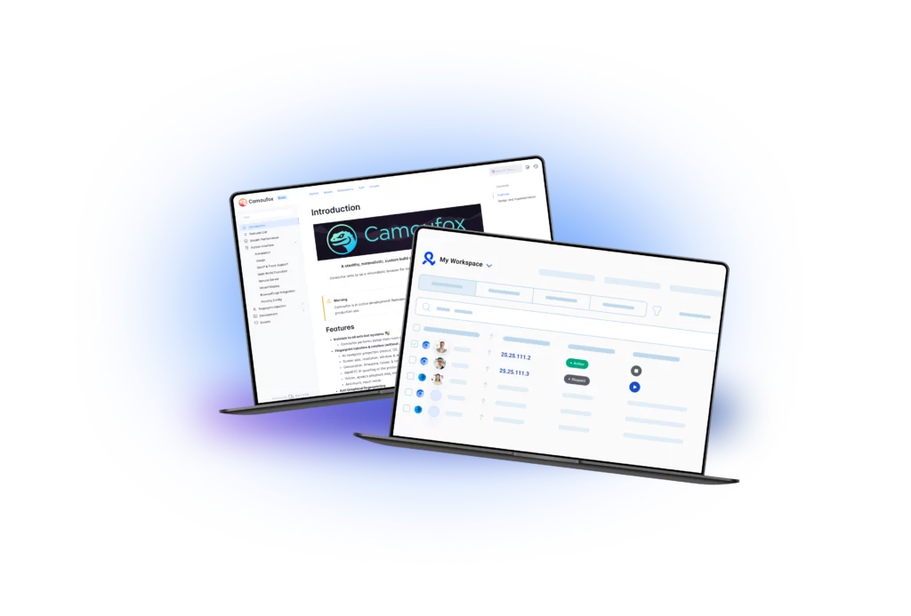 Two laptops display the Camoufox and Multilogn interface with workspace and profile management views