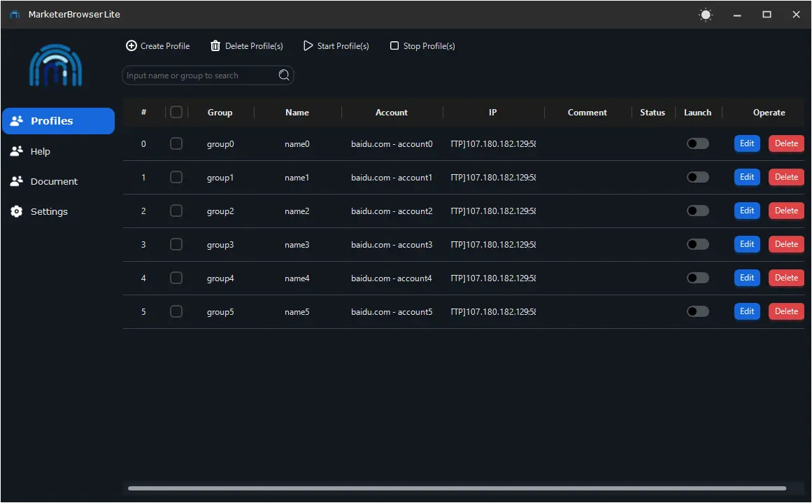 Marketer Browser dashboard