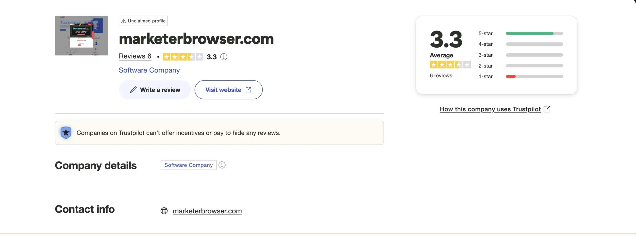 Marketer Browser's Trustpilot account