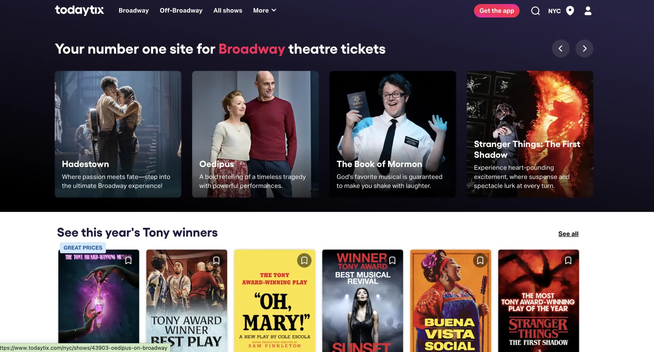 Ticketmaster alternative: TodayTix Homepage