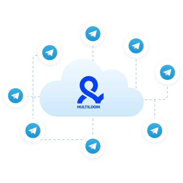 Image illustrating the secure management of multiple Telegram accounts with sessions stored in the cloud, allowing control from any device without needing to remember login credentials.