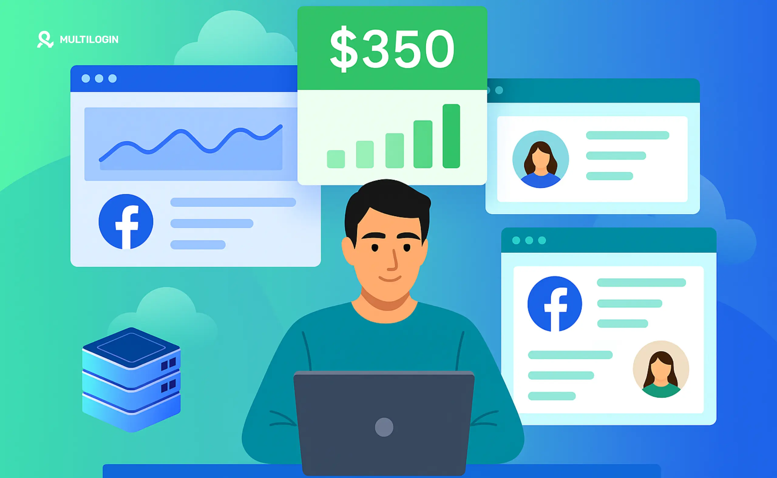 Купить аккаунт фейсбук — маркетолог за ноутбуком, вокруг окна с профилями Facebook и графиком $350