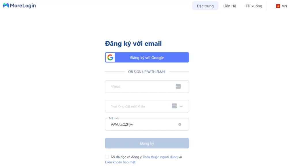 MoreLogin sign in – màn hình đăng nhập với trường email và mật khẩu