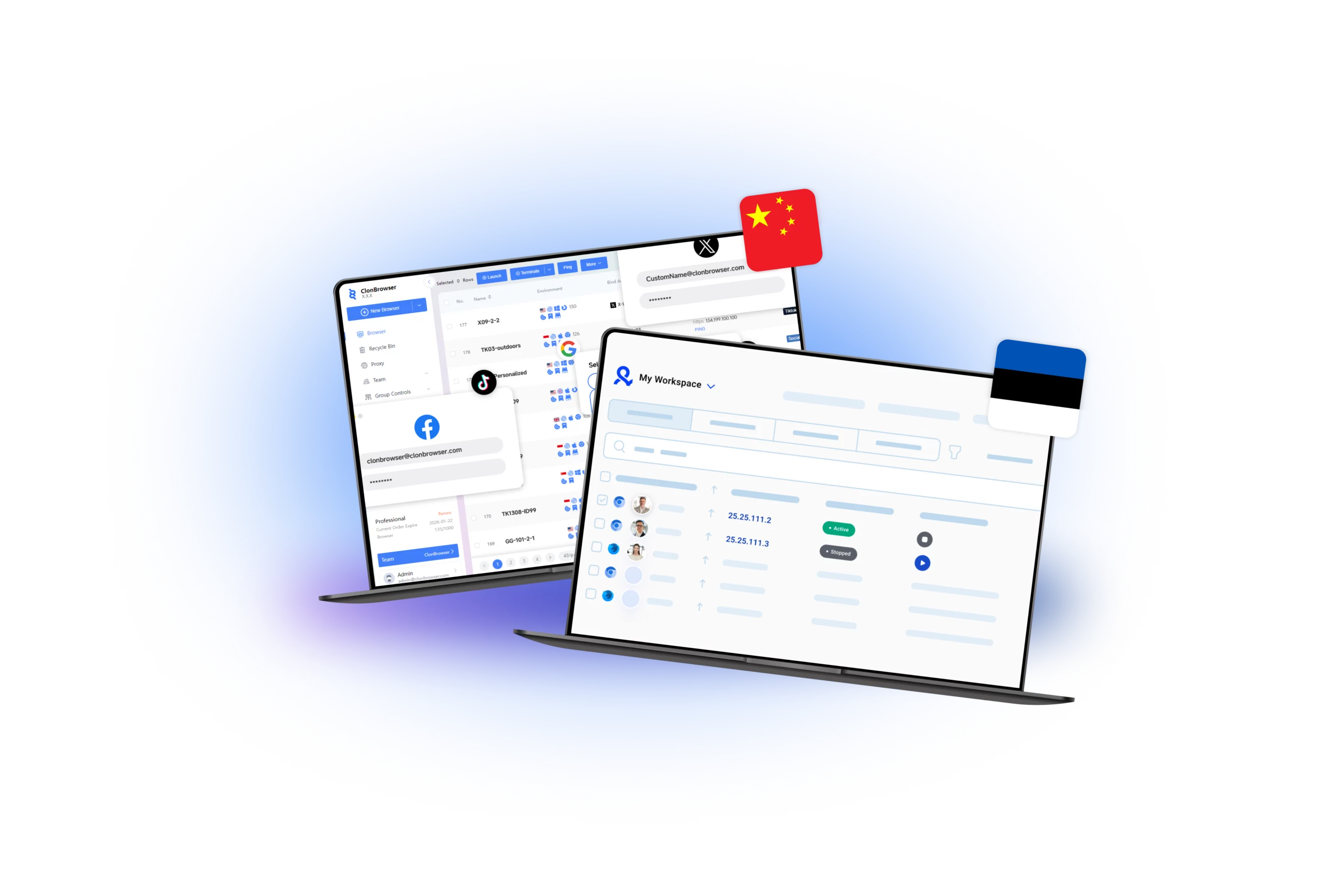 Comparison of Multilogin and Clonbrowser dashboards, with the Chinese and Estonian flags displayed, showcasing their profile management and workspace features for handling multiple accounts.