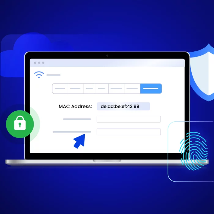 Смена MAC-адреса — экран ноутбука с полем «MAC Address», значком замка и отпечатком пальца (тема: приватность и защита).