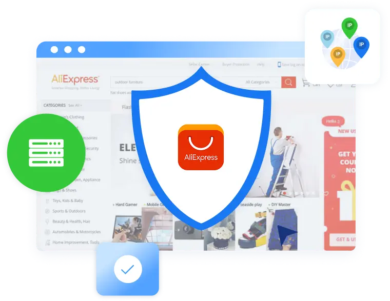 Illustration of Multilogin's proxies for secure, undetectable AliExpress account management and ban prevention.