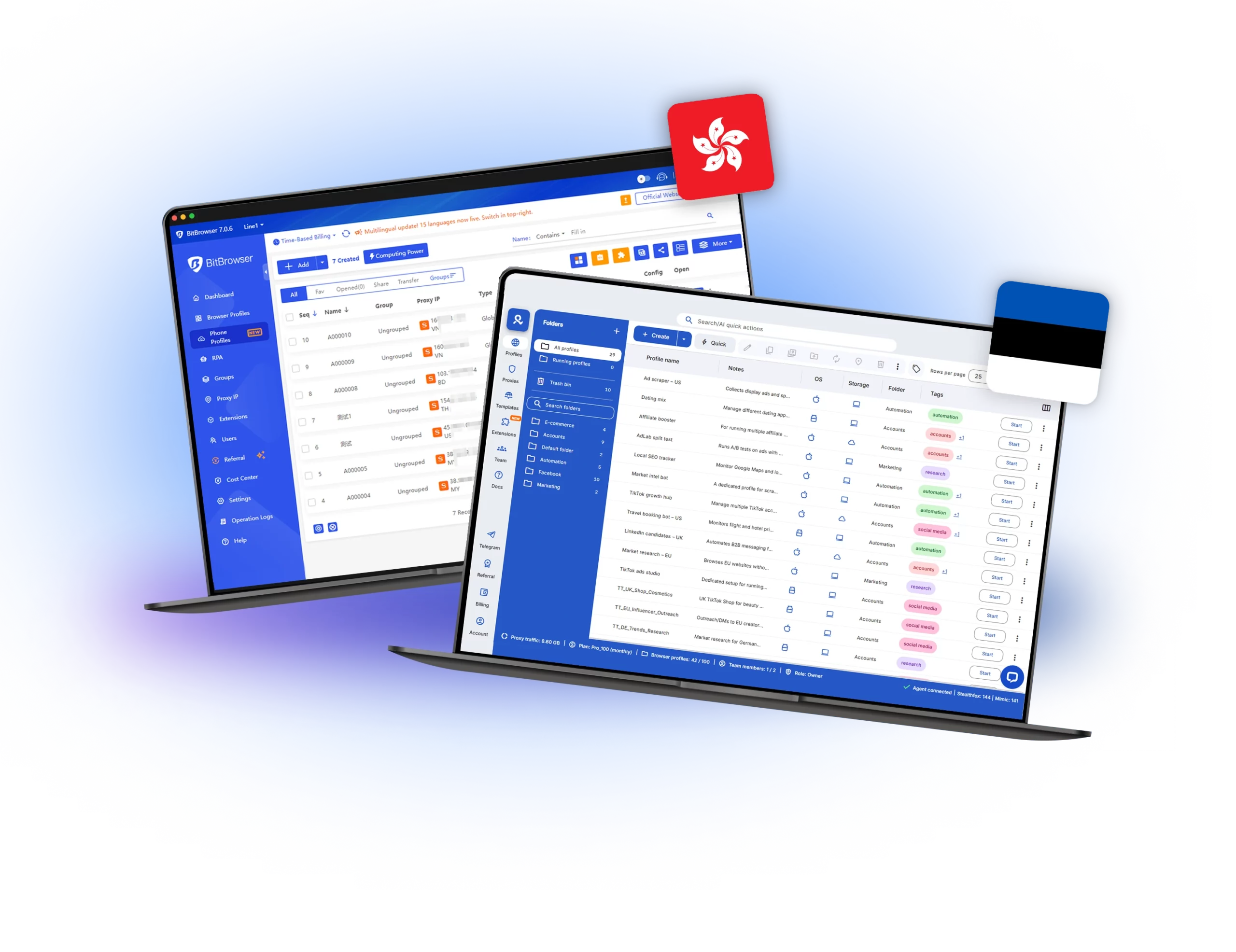 Multilogin vs BitCloudPhone dashboard comparison with Hong Kong and Estonia flags