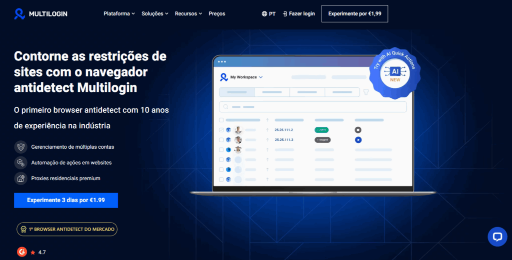 Página inicial do Multilogin.